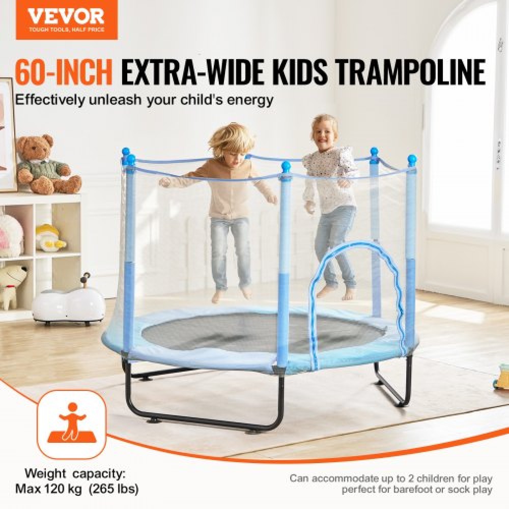 VEVOR 60" Παιδικό τραμπολίνο, Τραμπολίνο εσωτερικού χώρου 5 FT, Τραμπολίνο αναψυχής για μικρά παιδιά με δίχτυ ασφαλείας και τσέρκι μπάσκετ, Δώρα γενεθλίων Χριστουγεννιάτικα παιχνίδια για 3+ ετών παιδιά, μπλε
