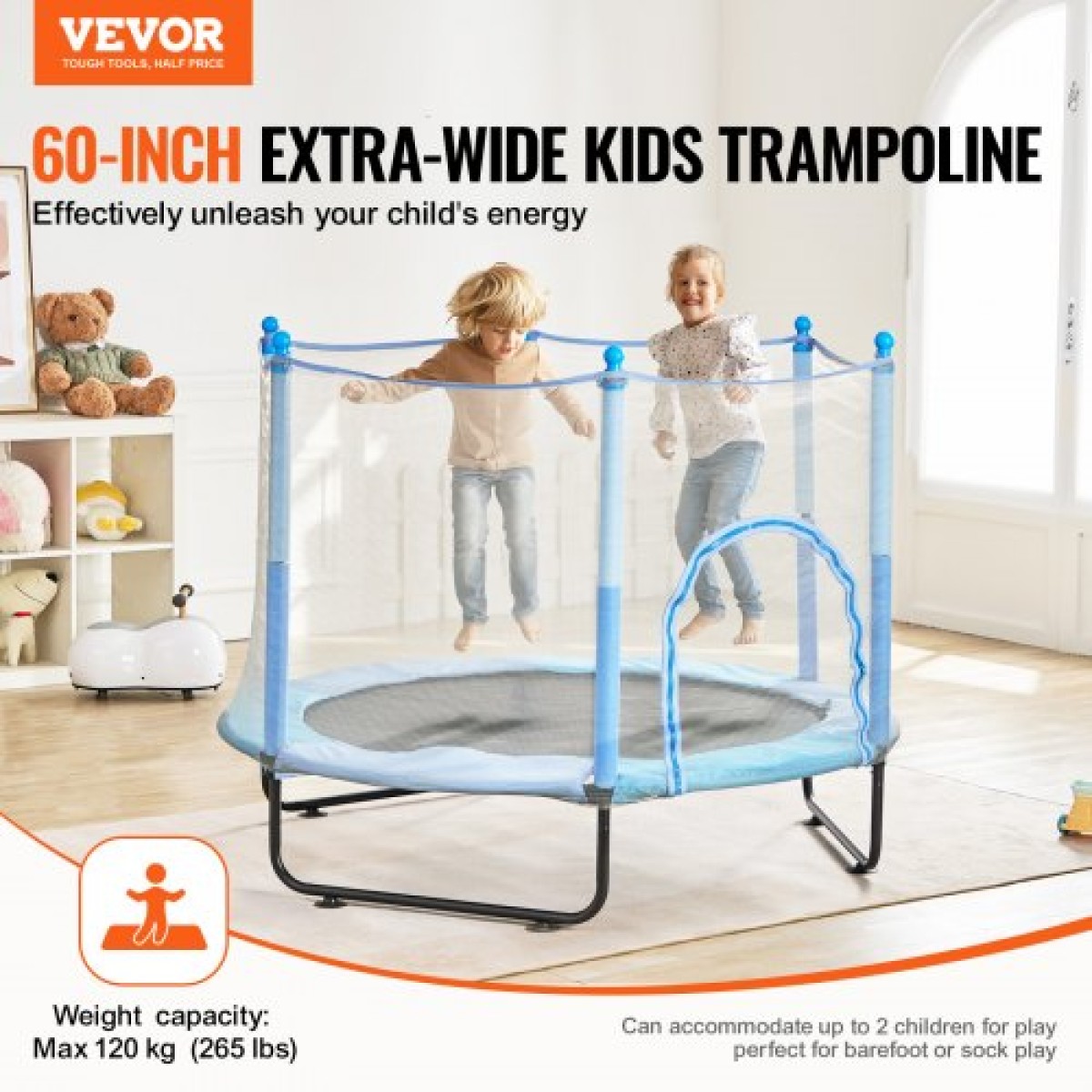 VEVOR 60" Παιδικό τραμπολίνο, Τραμπολίνο εσωτερικού χώρου 5 FT, Τραμπολίνο αναψυχής για μικρά παιδιά με δίχτυ ασφαλείας και τσέρκι μπάσκετ, Δώρα γενεθλίων Χριστουγεννιάτικα παιχνίδια για 3+ ετών παιδιά, μπλε