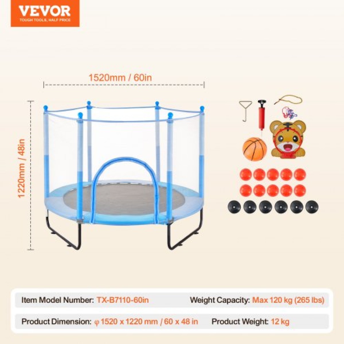 VEVOR 60" Παιδικό τραμπολίνο, Τραμπολίνο εσωτερικού χώρου 5 FT, Τραμπολίνο αναψυχής για μικρά παιδιά με δίχτυ ασφαλείας και τσέρκι μπάσκετ, Δώρα γενεθλίων Χριστουγεννιάτικα παιχνίδια για 3+ ετών παιδιά, μπλε