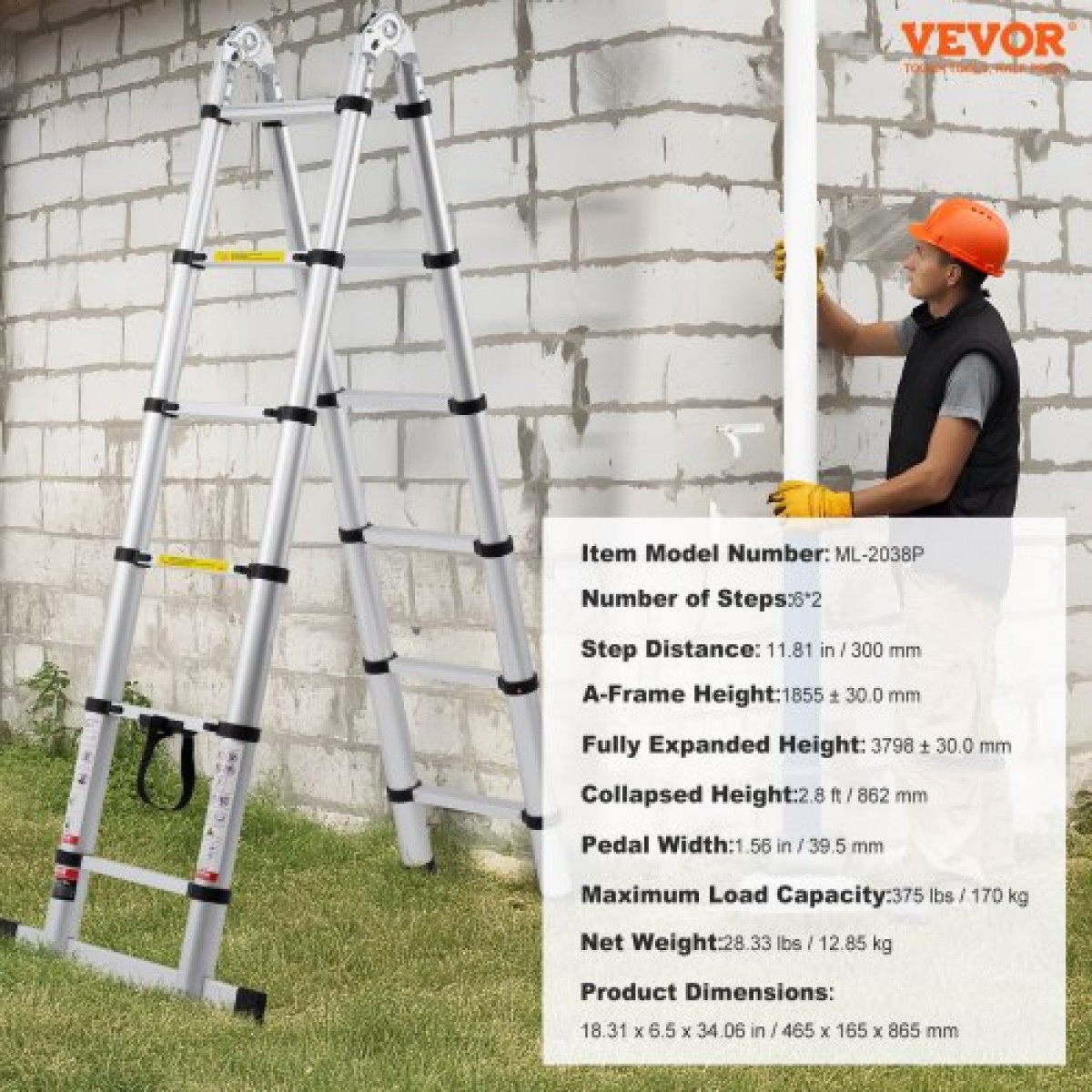 VEVOR Telescoping Ladder, 12,5FT A-Shape Extension Ladder Αλουμινίου Ελαφρύ, πτυσσόμενη σκάλα με ανάκληση πολλαπλών κουμπιών, χωρητικότητα 375 LBS με ράβδο σταθεροποίησης, σκάλες πολλαπλών χρήσεων για RV, Camper