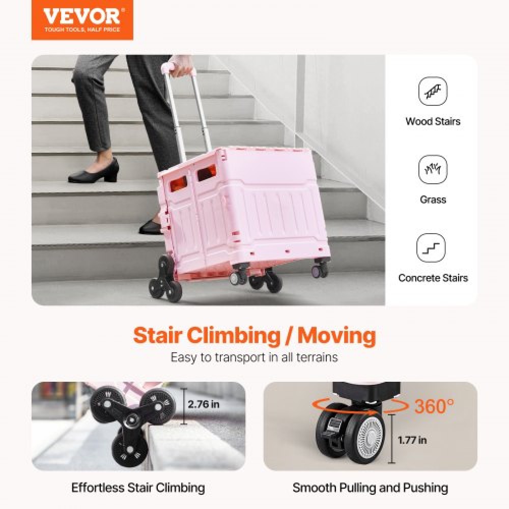 VEVOR Foldable Utility Cart, 65L πτυσσόμενο φορητό καρότσι με τροχούς αναρρίχησης σκαλοπατιών & περιστρεφόμενους τροχούς 360°, καροτσάκι χειρός με τηλεσκοπική λαβή για αγορές γραφείο Moving Teacher, Ροζ