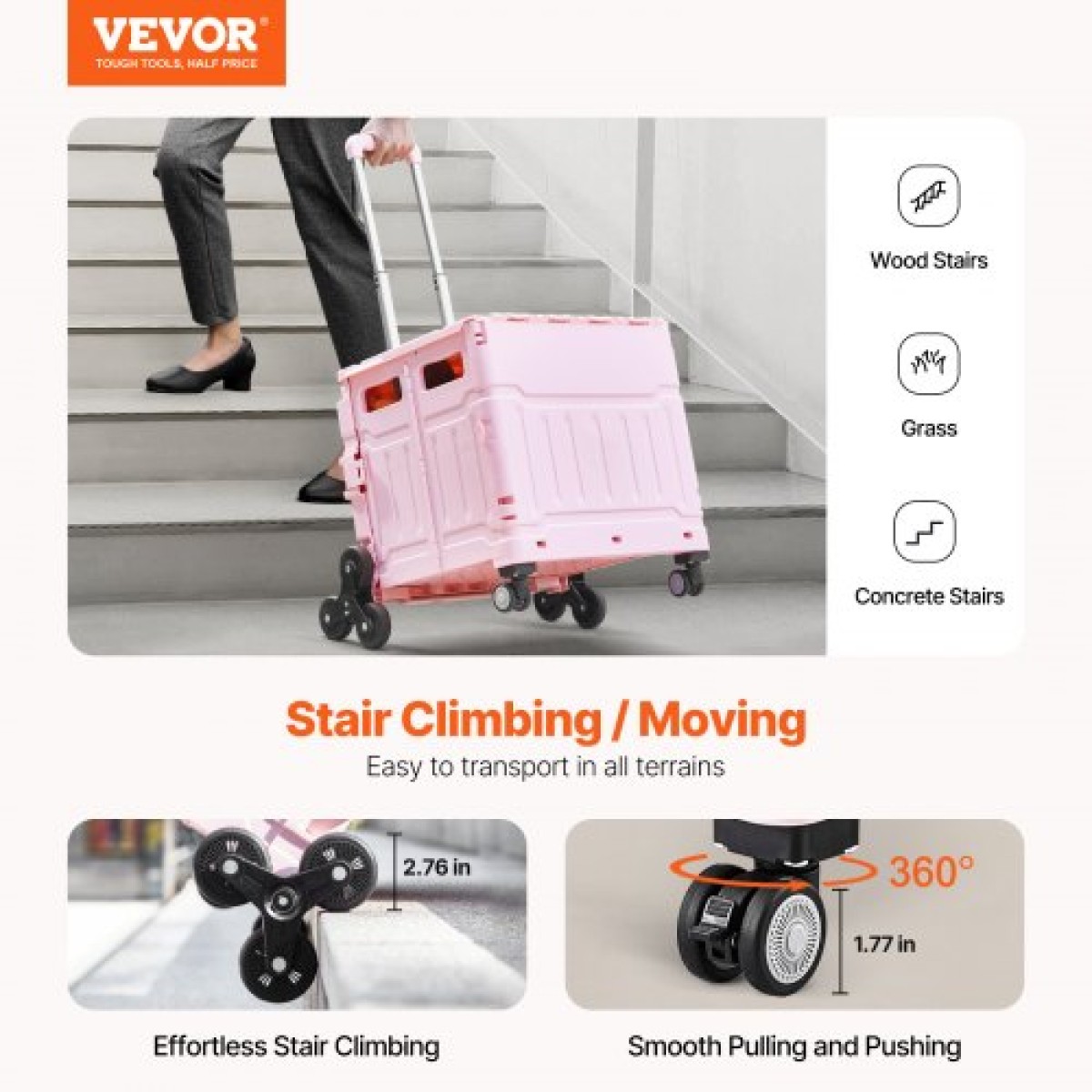 VEVOR Foldable Utility Cart, 65L πτυσσόμενο φορητό καρότσι με τροχούς αναρρίχησης σκαλοπατιών & περιστρεφόμενους τροχούς 360°, καροτσάκι χειρός με τηλεσκοπική λαβή για αγορές γραφείο Moving Teacher, Ροζ