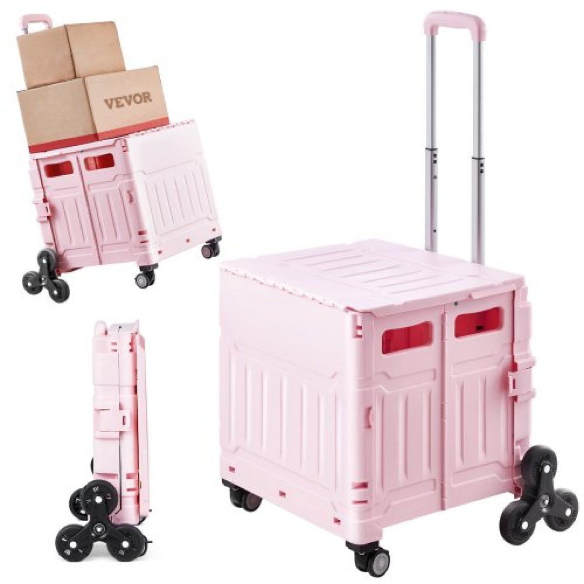VEVOR Foldable Utility Cart, 65L πτυσσόμενο φορητό καρότσι με τροχούς αναρρίχησης σκαλοπατιών & περιστρεφόμενους τροχούς 360°, καροτσάκι χειρός με τηλεσκοπική λαβή για αγορές γραφείο Moving Teacher, Ροζ