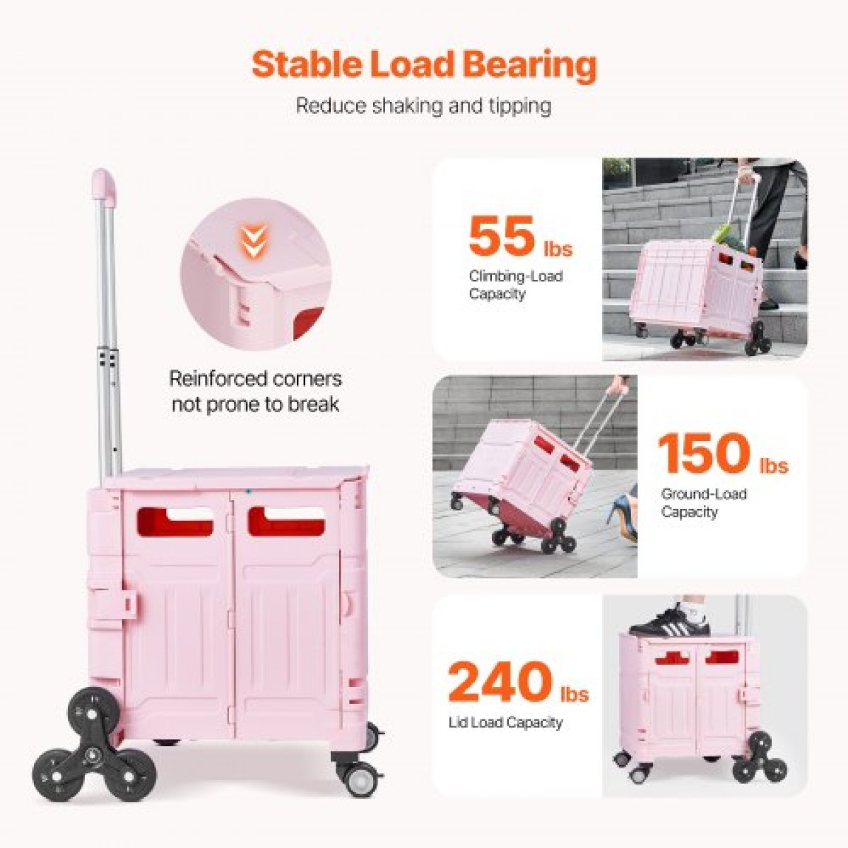 VEVOR Foldable Utility Cart, 65L πτυσσόμενο φορητό καρότσι με τροχούς αναρρίχησης σκαλοπατιών & περιστρεφόμενους τροχούς 360°, καροτσάκι χειρός με τηλεσκοπική λαβή για αγορές γραφείο Moving Teacher, Ροζ