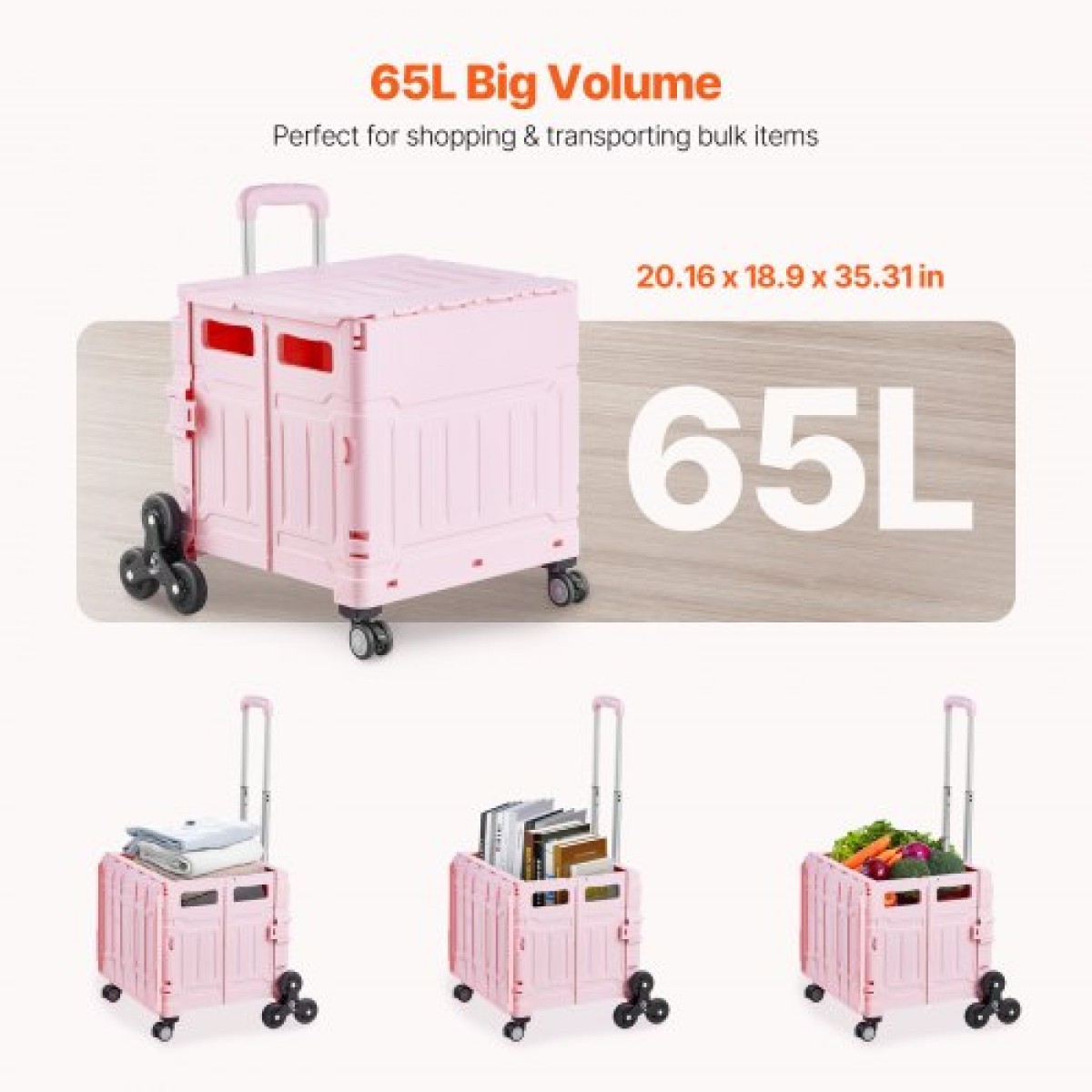 VEVOR Foldable Utility Cart, 65L πτυσσόμενο φορητό καρότσι με τροχούς αναρρίχησης σκαλοπατιών & περιστρεφόμενους τροχούς 360°, καροτσάκι χειρός με τηλεσκοπική λαβή για αγορές γραφείο Moving Teacher, Ροζ