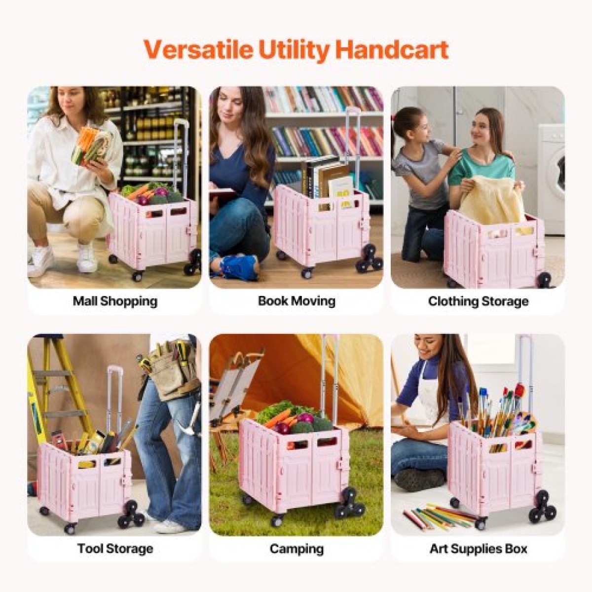 VEVOR Foldable Utility Cart, 65L πτυσσόμενο φορητό καρότσι με τροχούς αναρρίχησης σκαλοπατιών & περιστρεφόμενους τροχούς 360°, καροτσάκι χειρός με τηλεσκοπική λαβή για αγορές γραφείο Moving Teacher, Ροζ
