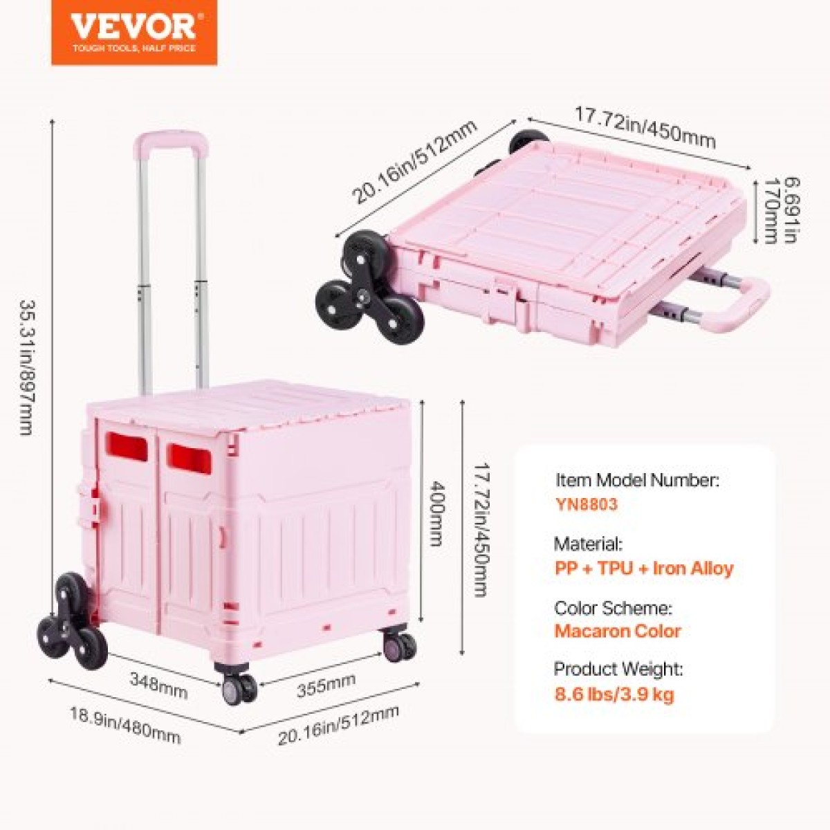 VEVOR Foldable Utility Cart, 65L πτυσσόμενο φορητό καρότσι με τροχούς αναρρίχησης σκαλοπατιών & περιστρεφόμενους τροχούς 360°, καροτσάκι χειρός με τηλεσκοπική λαβή για αγορές γραφείο Moving Teacher, Ροζ