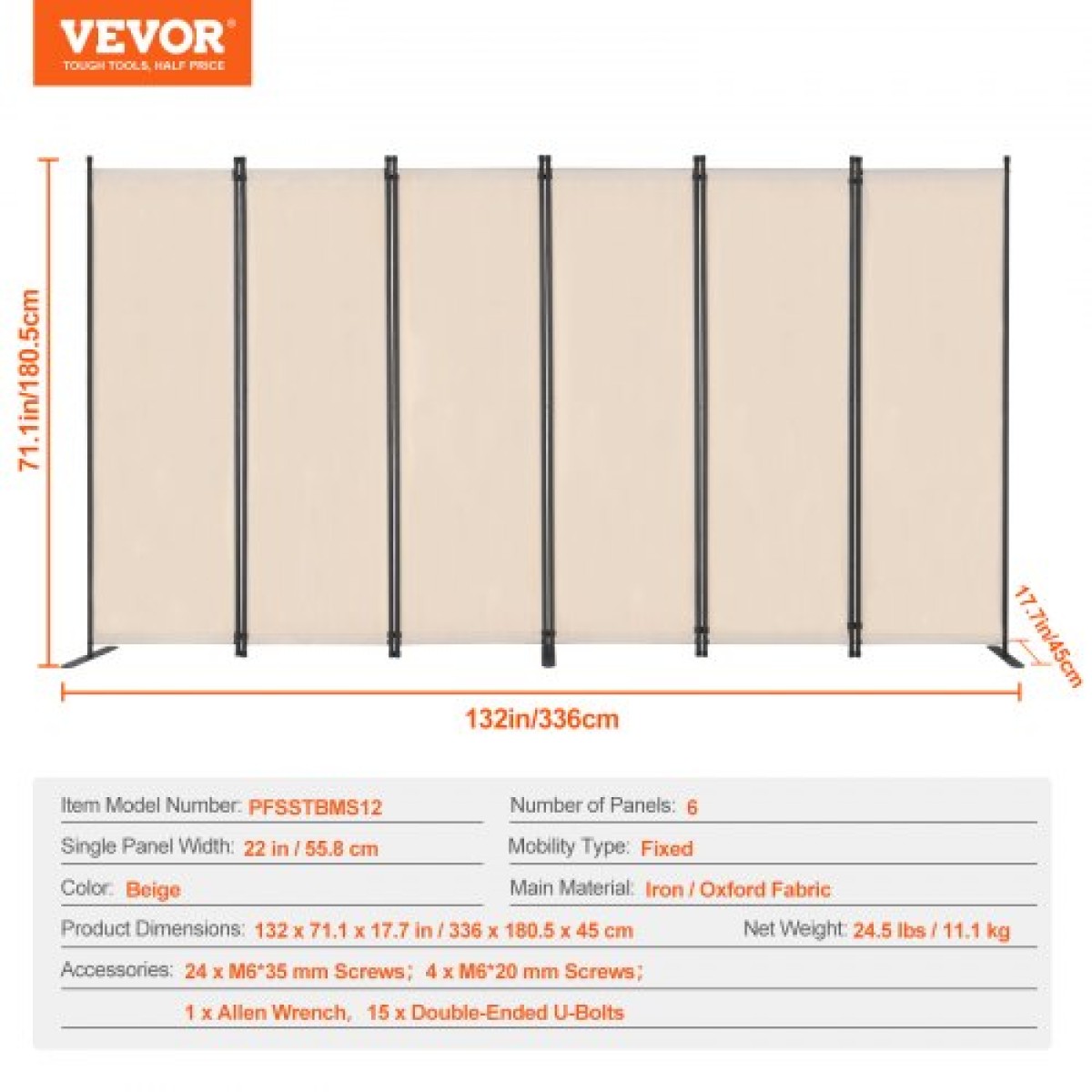 VEVOR Divider Room, 6 Panels Room Divider, Πτυσσόμενη οθόνη Privacy και φορητό διαχωριστικό διαχωρισμού για διαχωρισμό δωματίων, χωρίσματα ανεξάρτητων δωματίων για γραφείο, υπνοδωμάτιο, μελέτη, μπεζ