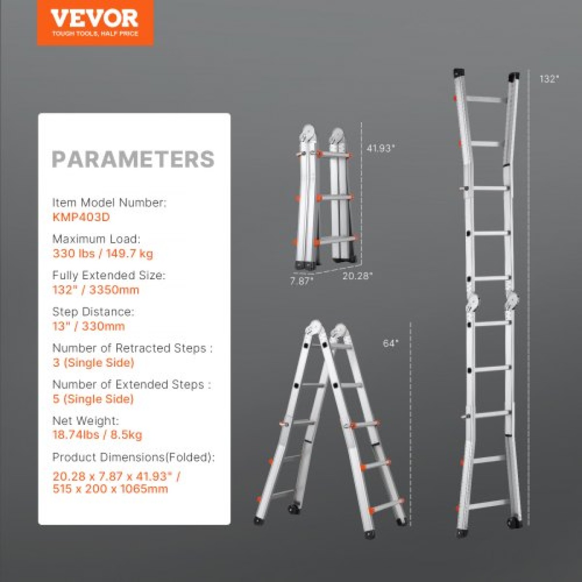 VEVOR Telescoping Ladder A Frame, 11 FT Compact Extension Ladder από αλουμίνιο, πολλαπλών λειτουργιών φορητή πτυσσόμενη σκάλα RV, τηλεσκοπική σκάλα για σκάλες εργασίας για το σπίτι Εσωτερική οροφή εξωτερικού χώρου, φορτίο 330 lb