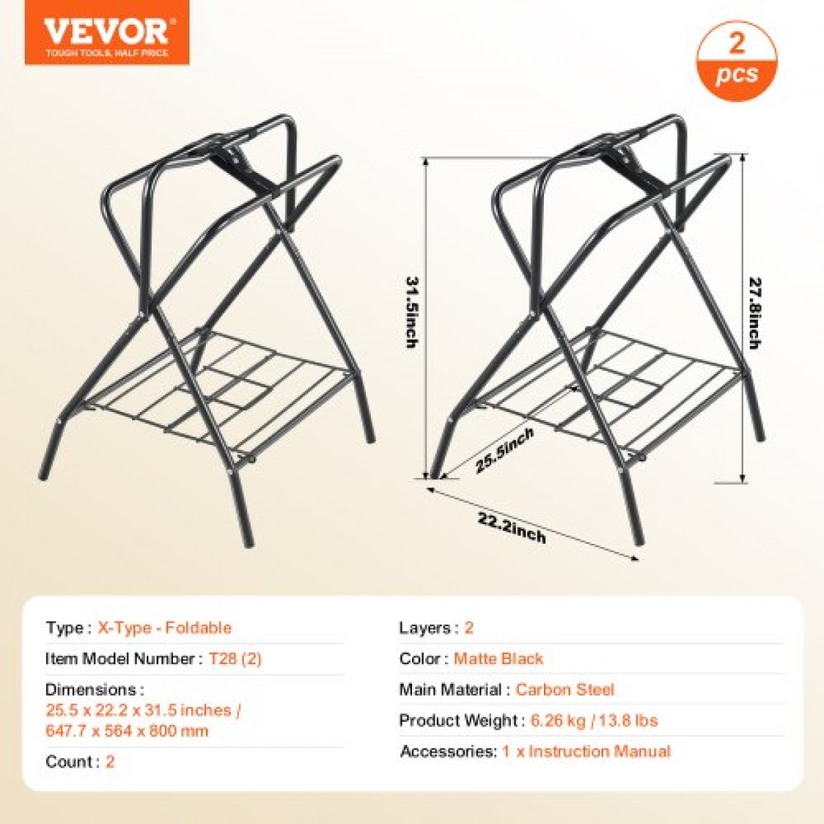 Πτυσσόμενη βάση σέλας VEVOR, 28 x 19 x 37,5 ίντσες, 2 πακέτα Ανεξάρτητη βάση σέλας αλόγων, φορητή θήκη κουβέρτας αλόγου, ατσάλινο ράφι σέλων βαρέως τύπου για αγγλικές και δυτικές σέλες, θήκη αποθήκευσης, μαύρο
