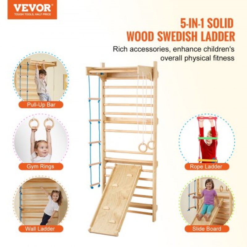 VEVOR Swedish Ladder Wall Gym, 5 σε 1 Ξύλινα παιχνίδια αναρρίχησης εσωτερικής παιδικής χαράς, χωρητικότητα 220 lbs Σουηδική επιτοίχια σκάλα με μπάρα έλξης, γυμναστικούς κρίκους, σκάλα τοίχου, σκάλα με σχοινί και σανίδα ολίσθησης