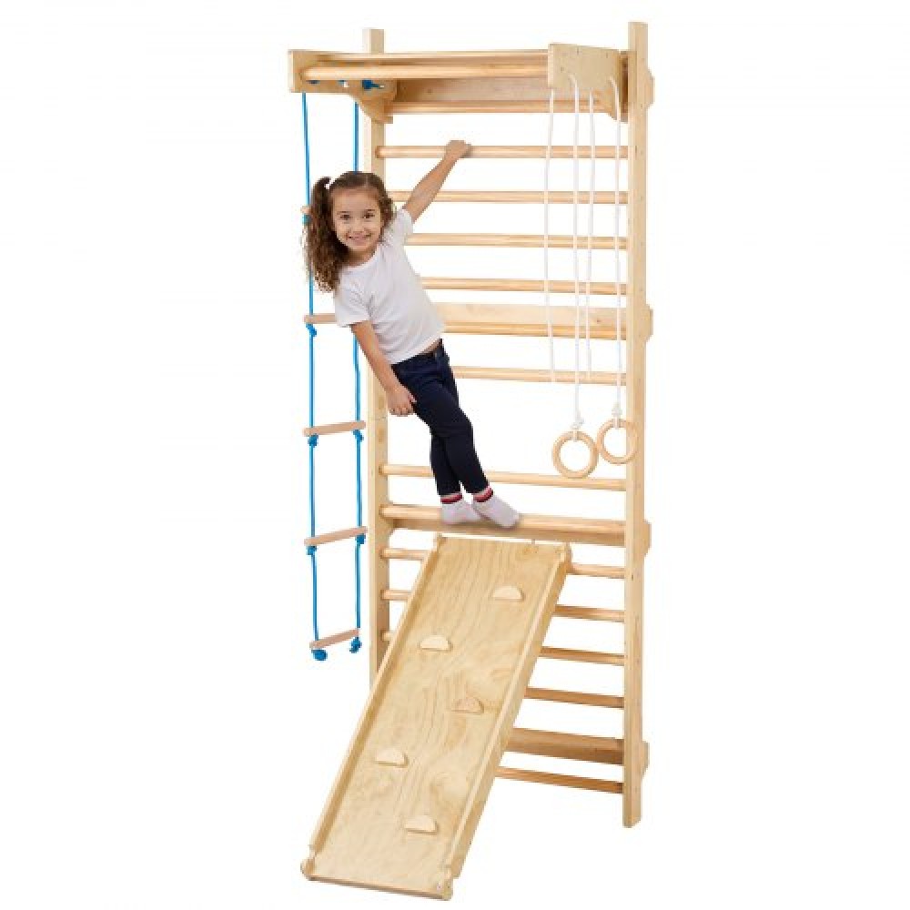 VEVOR Swedish Ladder Wall Gym, 5 σε 1 Ξύλινα παιχνίδια αναρρίχησης εσωτερικής παιδικής χαράς, χωρητικότητα 220 lbs Σουηδική επιτοίχια σκάλα με μπάρα έλξης, γυμναστικούς κρίκους, σκάλα τοίχου, σκάλα με σχοινί και σανίδα ολίσθησης