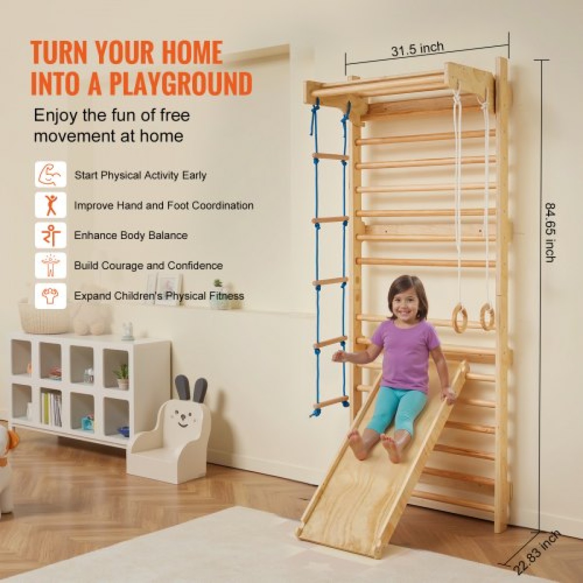 VEVOR Swedish Ladder Wall Gym, 5 σε 1 Ξύλινα παιχνίδια αναρρίχησης εσωτερικής παιδικής χαράς, χωρητικότητα 220 lbs Σουηδική επιτοίχια σκάλα με μπάρα έλξης, γυμναστικούς κρίκους, σκάλα τοίχου, σκάλα με σχοινί και σανίδα ολίσθησης