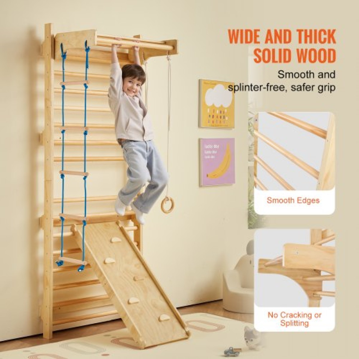 VEVOR Swedish Ladder Wall Gym, 5 σε 1 Ξύλινα παιχνίδια αναρρίχησης εσωτερικής παιδικής χαράς, χωρητικότητα 220 lbs Σουηδική επιτοίχια σκάλα με μπάρα έλξης, γυμναστικούς κρίκους, σκάλα τοίχου, σκάλα με σχοινί και σανίδα ολίσθησης