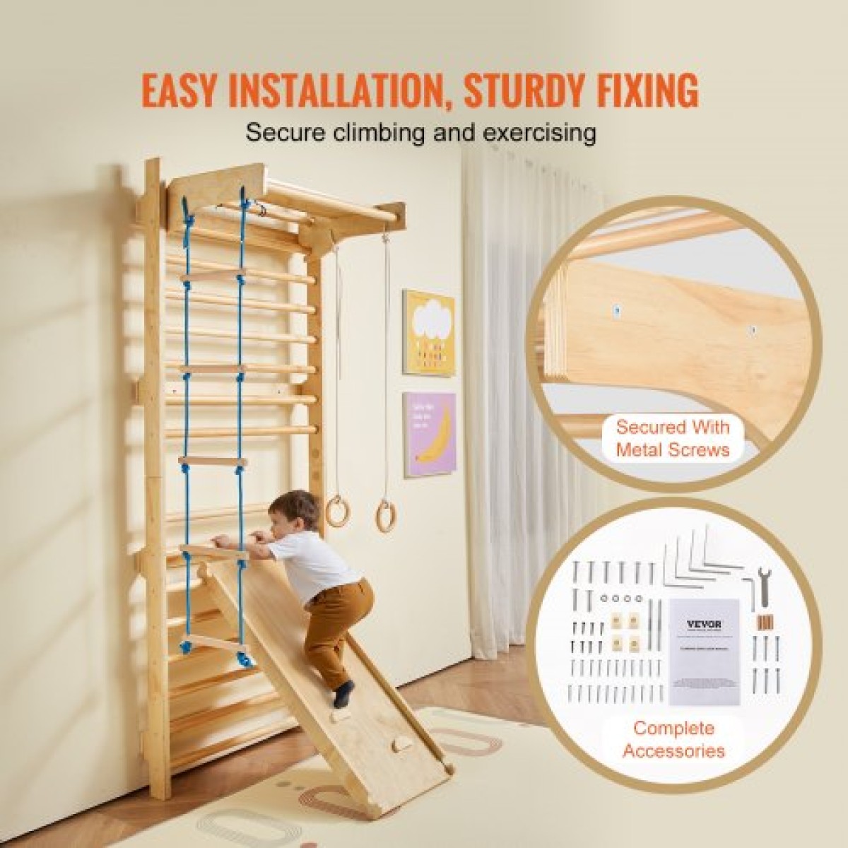 VEVOR Swedish Ladder Wall Gym, 5 σε 1 Ξύλινα παιχνίδια αναρρίχησης εσωτερικής παιδικής χαράς, χωρητικότητα 220 lbs Σουηδική επιτοίχια σκάλα με μπάρα έλξης, γυμναστικούς κρίκους, σκάλα τοίχου, σκάλα με σχοινί και σανίδα ολίσθησης