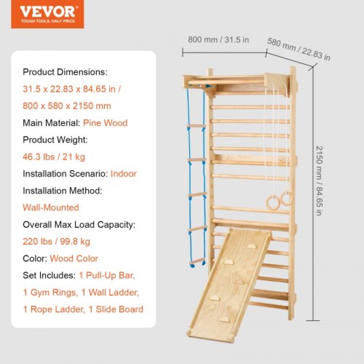 VEVOR Swedish Ladder Wall Gym, 5 σε 1 Ξύλινα παιχνίδια αναρρίχησης εσωτερικής παιδικής χαράς, χωρητικότητα 220 lbs Σουηδική επιτοίχια σκάλα με μπάρα έλξης, γυμναστικούς κρίκους, σκάλα τοίχου, σκάλα με σχοινί και σανίδα ολίσθησης