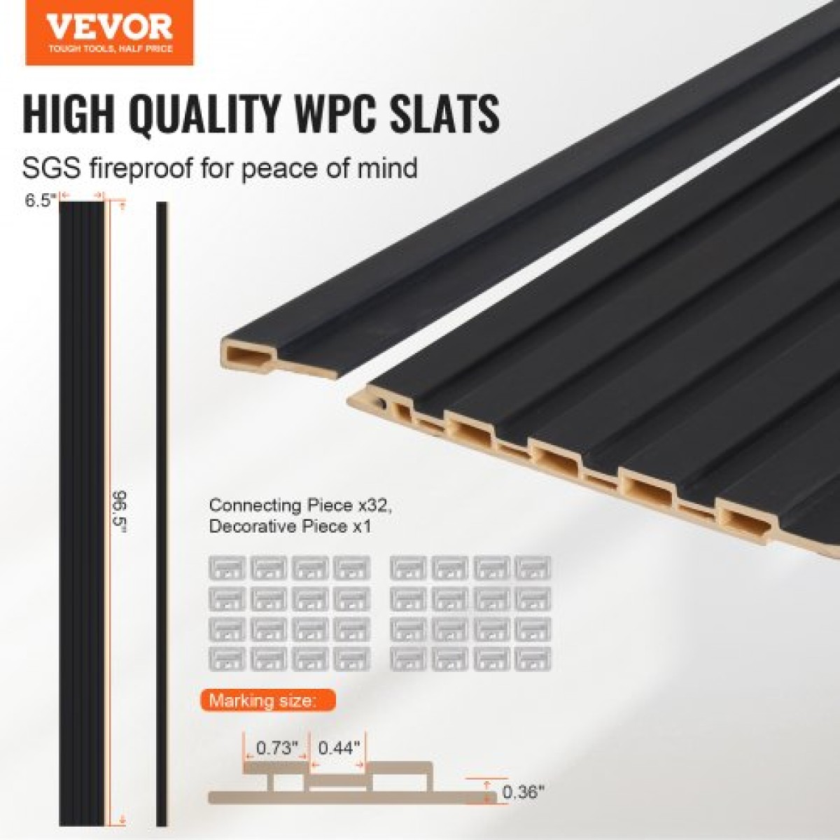 Ακουστικά πάνελ VEVOR Wood Slat, 8 ΤΕΜ 96 x 6 ιντσών, Ξύλινα πάνελ τοίχου WPC Accent για μοντέρνο εσωτερικό τοίχο, πάνελ τοίχου από ψεύτικο ξύλο για κομψή διακόσμηση και μείωση θορύβου, ματ μαύρο