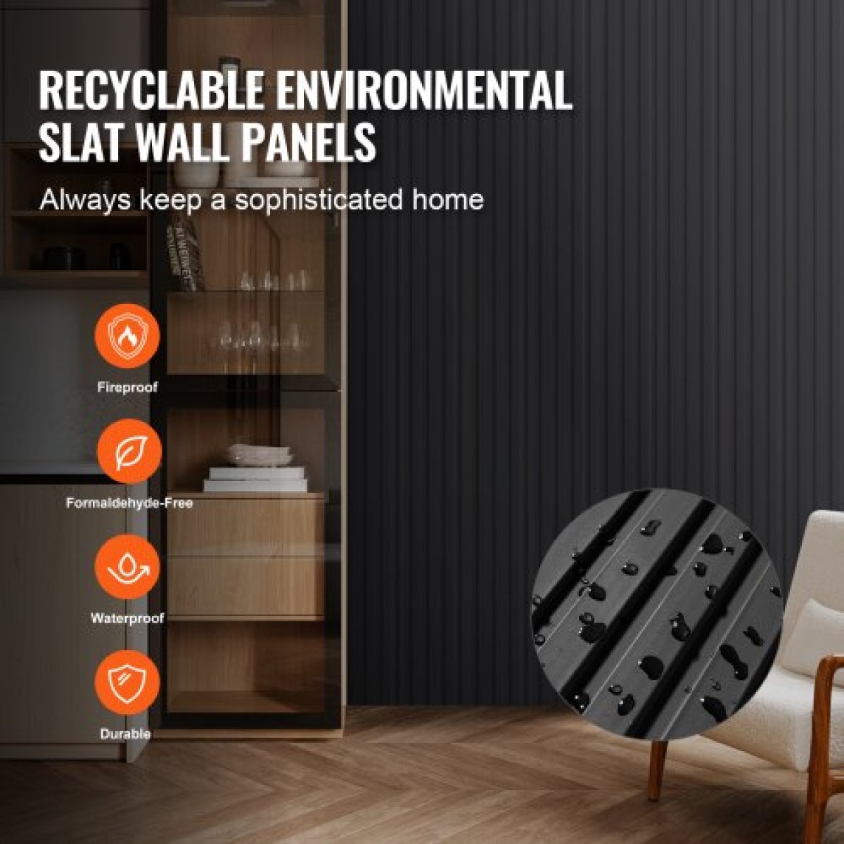 Ακουστικά πάνελ VEVOR Wood Slat, 8 ΤΕΜ 96 x 6 ιντσών, Ξύλινα πάνελ τοίχου WPC Accent για μοντέρνο εσωτερικό τοίχο, πάνελ τοίχου από ψεύτικο ξύλο για κομψή διακόσμηση και μείωση θορύβου, ματ μαύρο