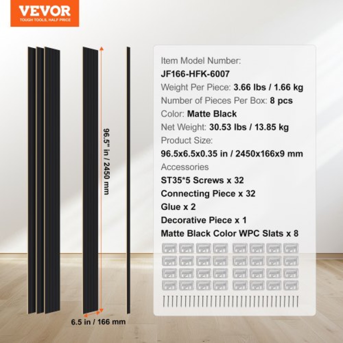 Ακουστικά πάνελ VEVOR Wood Slat, 8 ΤΕΜ 96 x 6 ιντσών, Ξύλινα πάνελ τοίχου WPC Accent για μοντέρνο εσωτερικό τοίχο, πάνελ τοίχου από ψεύτικο ξύλο για κομψή διακόσμηση και μείωση θορύβου, ματ μαύρο