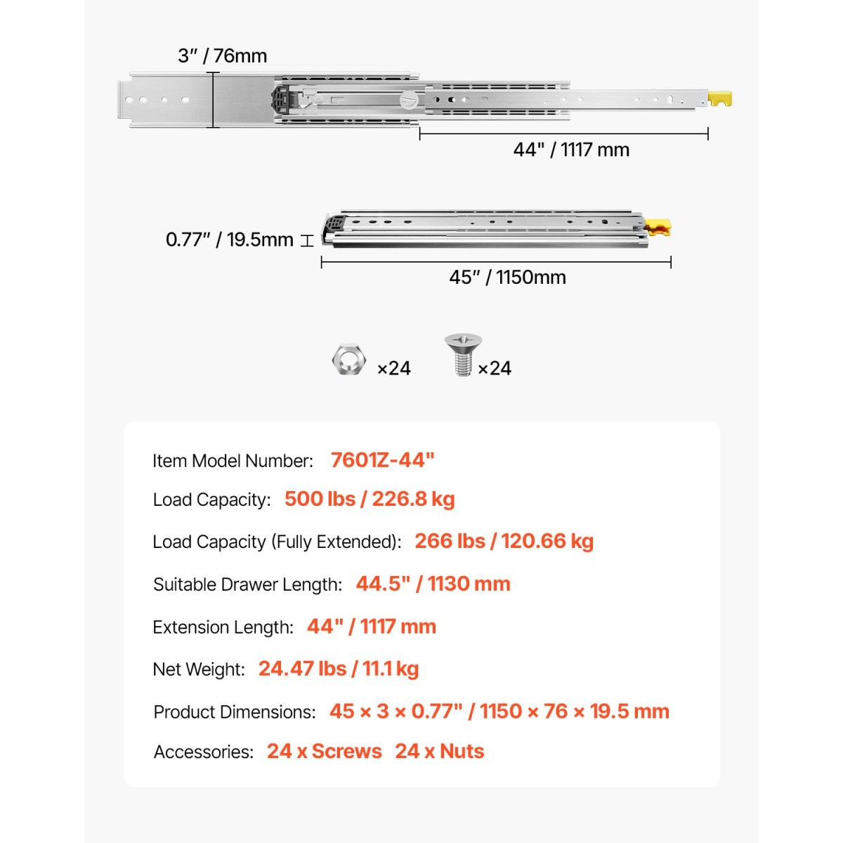 VEVOR 1 Pair Full Extension Slides συρταριών 18 20 22 28 30 32 36 38 40 44 48 52 56 60 in, 500 lbs Χωρητικότητα φορτίου Κλείδωμα συρταριών συρταριών, ρουλεμάν με πλευρική βάση κλειδαριάς Drail