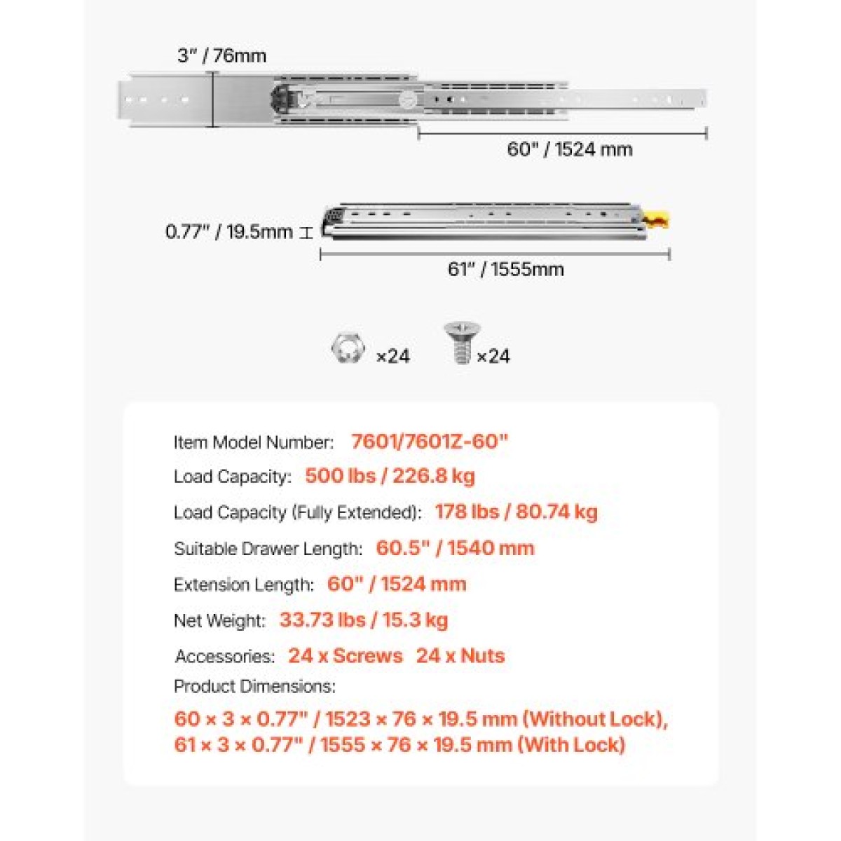 VEVOR 1 Pair Full Extension Slides συρταριών 16 18 20 24 30 35 37.4 59 24 32 36 40 48 60 in, 500 lbs Load Capacity Locking Slides συρταριών, ρουλεμάν με Lock Side Raunt Drlideil