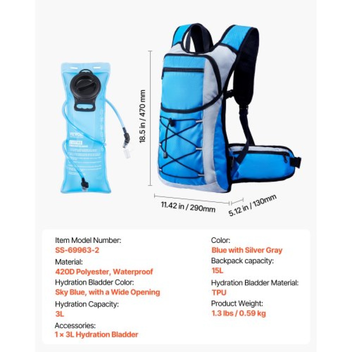 Σακίδιο πλάτης VEVOR Hydration, 15L Insulated Hydration Pack Σακίδιο πλάτης με 3L TPU Water Bladder, Σακίδιο νερού πεζοπορίας με αποθήκευση για άνδρες γυναίκες, Hydro Water Daypack για πεζοπορία, τρέξιμο ποδηλασίας Κάμπινγκ