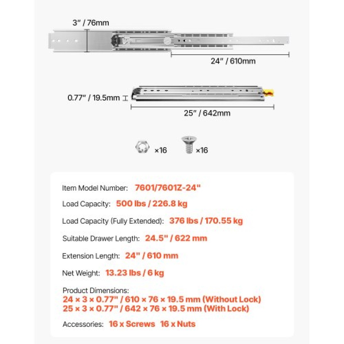VEVOR 1 Pair Full Extension Slides συρταριών 16 18 20 24 30 35 37.4 59 24 32 36 40 48 60 in, 500 lbs Load Capacity Locking Slides συρταριών, ρουλεμάν με Lock Side Raunt Drlideil