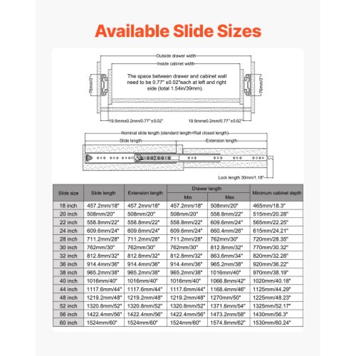 VEVOR 1 Pair Full Extension Slides συρταριών 18 20 22 28 30 32 36 38 40 44 48 52 56 60 in, 500 lbs Χωρητικότητα φορτίου Κλείδωμα συρταριών συρταριών, ρουλεμάν με πλευρική βάση κλειδαριάς Drail