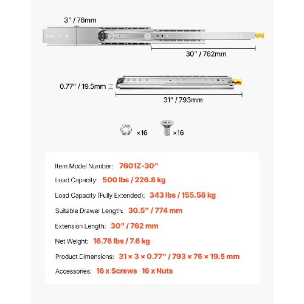 VEVOR 1 Pair Full Extension Slides συρταριών 18 20 22 28 30 32 36 38 40 44 48 52 56 60 in, 500 lbs Χωρητικότητα φορτίου Κλείδωμα συρταριών συρταριών, ρουλεμάν με πλευρική βάση κλειδαριάς Drail