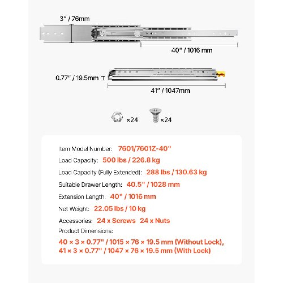VEVOR 1 Pair Full Extension Slides συρταριών 16 18 20 24 30 35 37.4 59 24 32 36 40 48 60 in, 500 lbs Load Capacity Locking Slides συρταριών, ρουλεμάν με Lock Side Raunt Drlideil