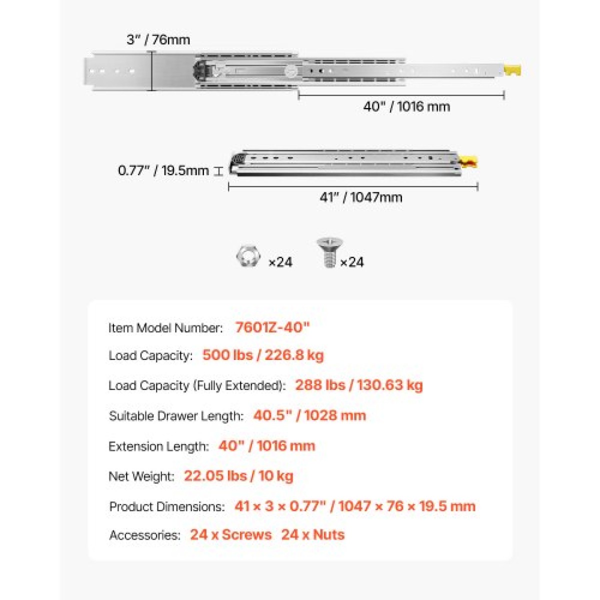 VEVOR 1 Pair Full Extension Slides συρταριών 18 20 22 28 30 32 36 38 40 44 48 52 56 60 in, 500 lbs Χωρητικότητα φορτίου Κλείδωμα συρταριών συρταριών, ρουλεμάν με πλευρική βάση κλειδαριάς Drail