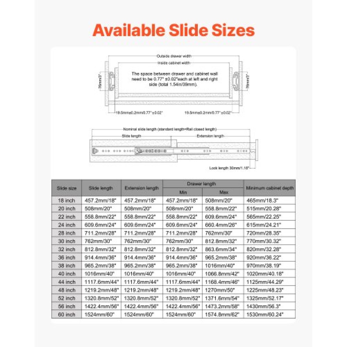 VEVOR 1 Pair Full Extension Slides συρταριών 18 20 22 28 30 32 36 38 40 44 48 52 56 60 in, 500 lbs Χωρητικότητα φορτίου Κλείδωμα συρταριών συρταριών, ρουλεμάν με πλευρική βάση κλειδαριάς Drail
