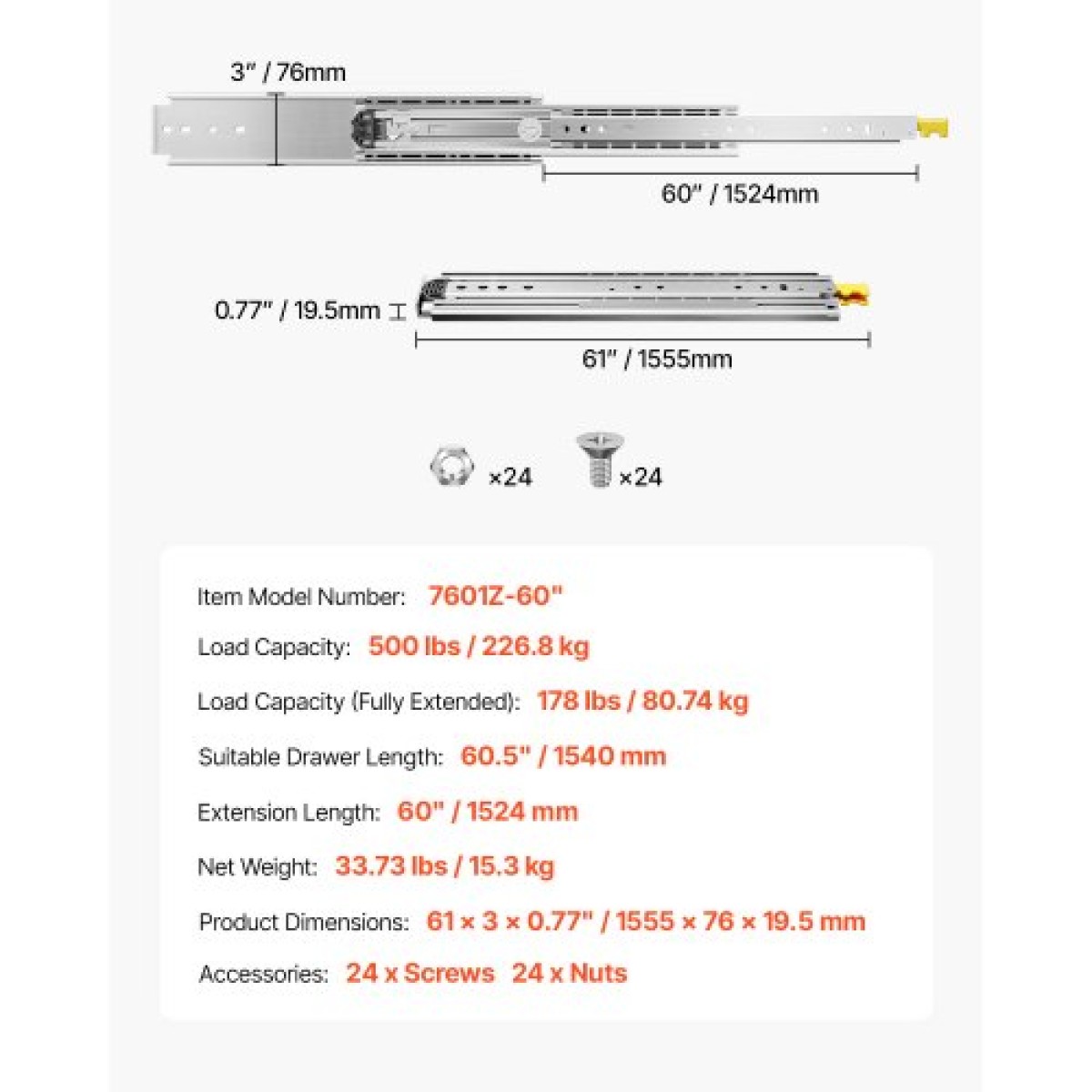 VEVOR 1 Pair Full Extension Slides συρταριών 18 20 22 28 30 32 36 38 40 44 48 52 56 60 in, 500 lbs Χωρητικότητα φορτίου Κλείδωμα συρταριών συρταριών, ρουλεμάν με πλευρική βάση κλειδαριάς Drail