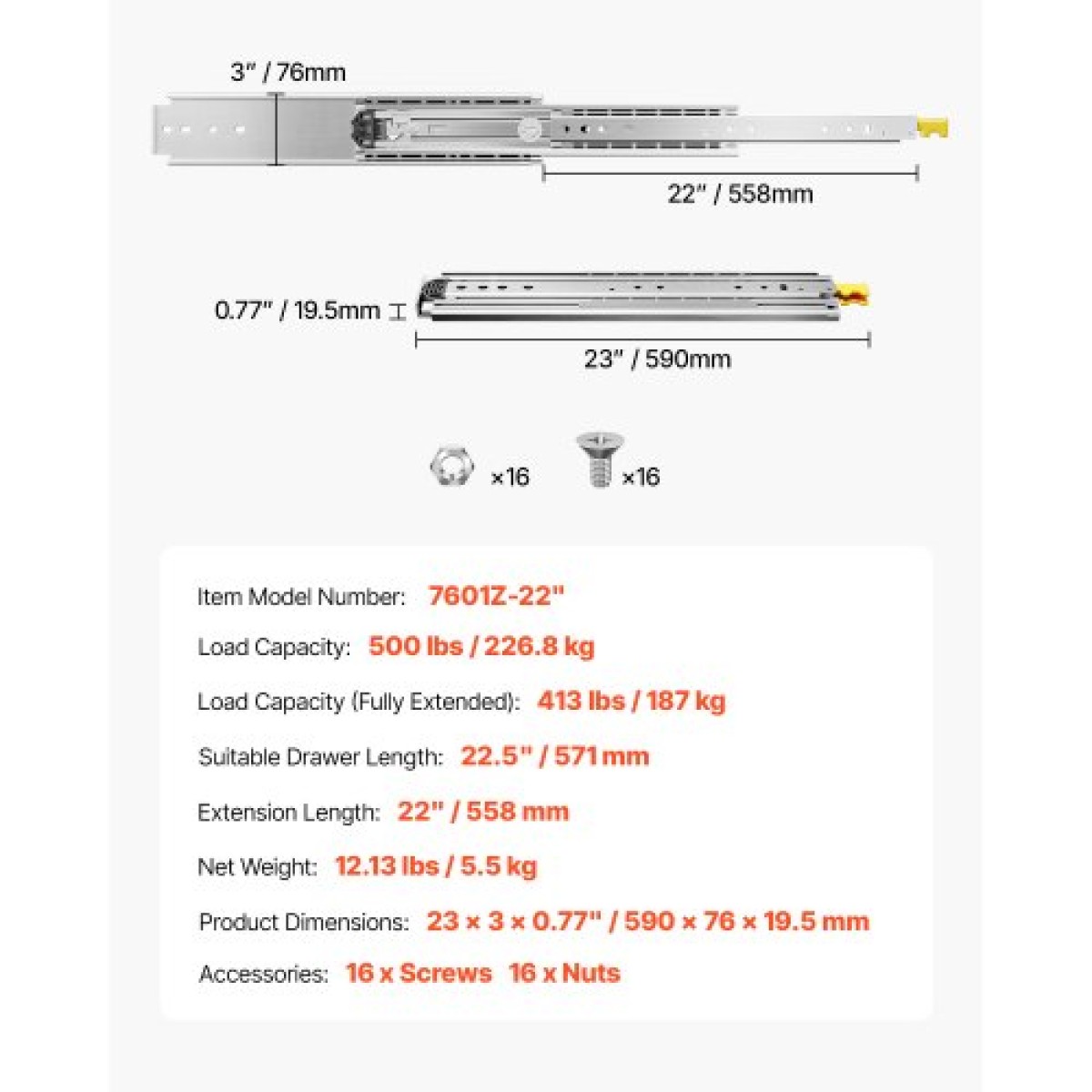 VEVOR 1 Pair Full Extension Slides συρταριών 18 20 22 28 30 32 36 38 40 44 48 52 56 60 in, 500 lbs Χωρητικότητα φορτίου Κλείδωμα συρταριών συρταριών, ρουλεμάν με πλευρική βάση κλειδαριάς Drail