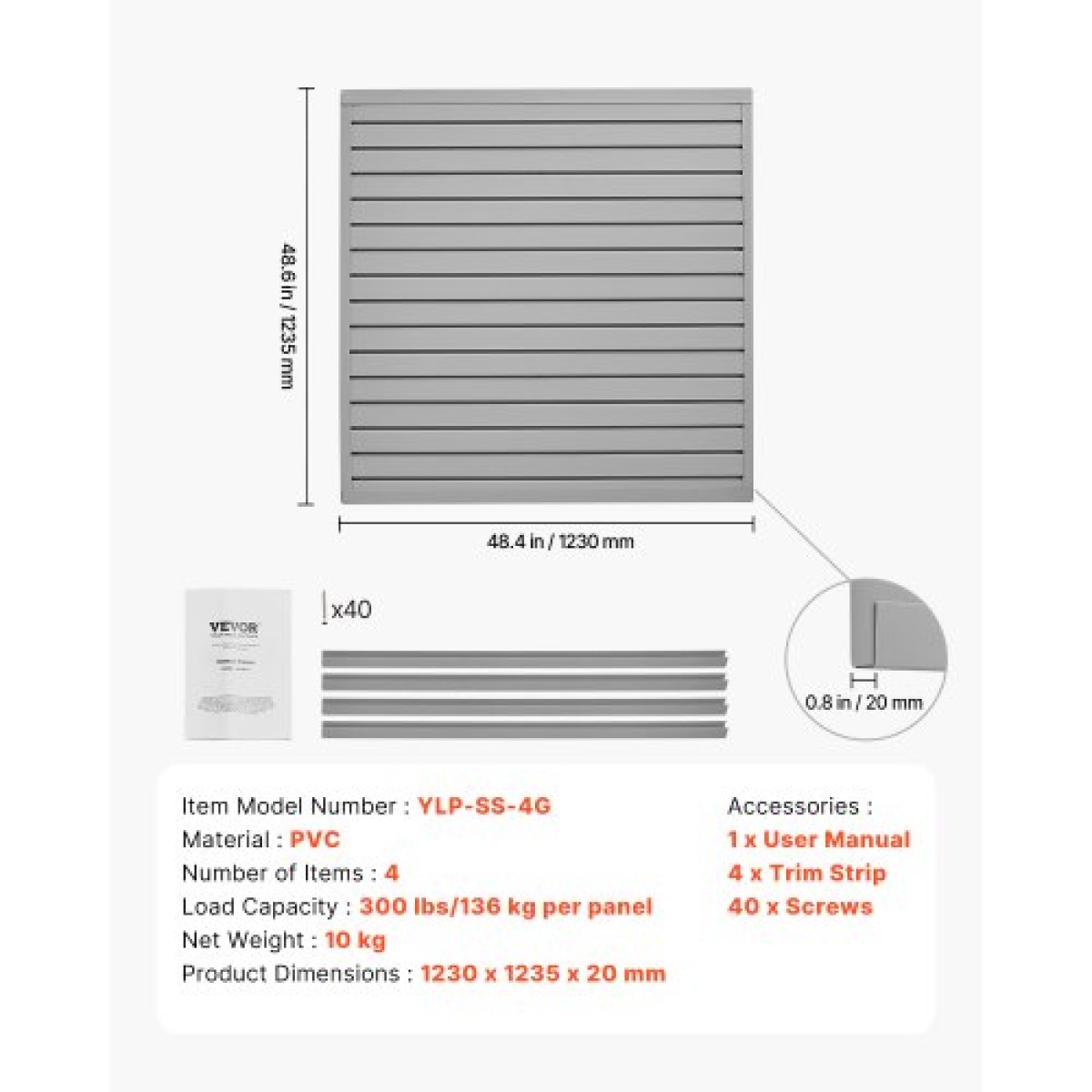 Επένδυση τοίχου VEVOR Slat, 4 x 4 ft, PVC γκαράζ με δομοστοιχειωτή σχεδίαση, ρυθμιζόμενο πάνελ τοίχου σε γκρι πηχάκι Εύκολη στην εγκατάσταση με δομή ζεύξης & κοπή DIY, Κατάλληλη για αποθήκευση και οθόνη