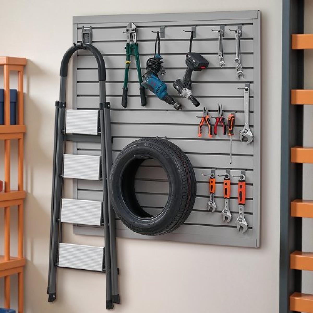Επένδυση τοίχου VEVOR Slat, 4 x 4 ft, PVC γκαράζ με δομοστοιχειωτή σχεδίαση, ρυθμιζόμενο πάνελ τοίχου σε γκρι πηχάκι Εύκολη στην εγκατάσταση με δομή ζεύξης & κοπή DIY, Κατάλληλη για αποθήκευση και οθόνη