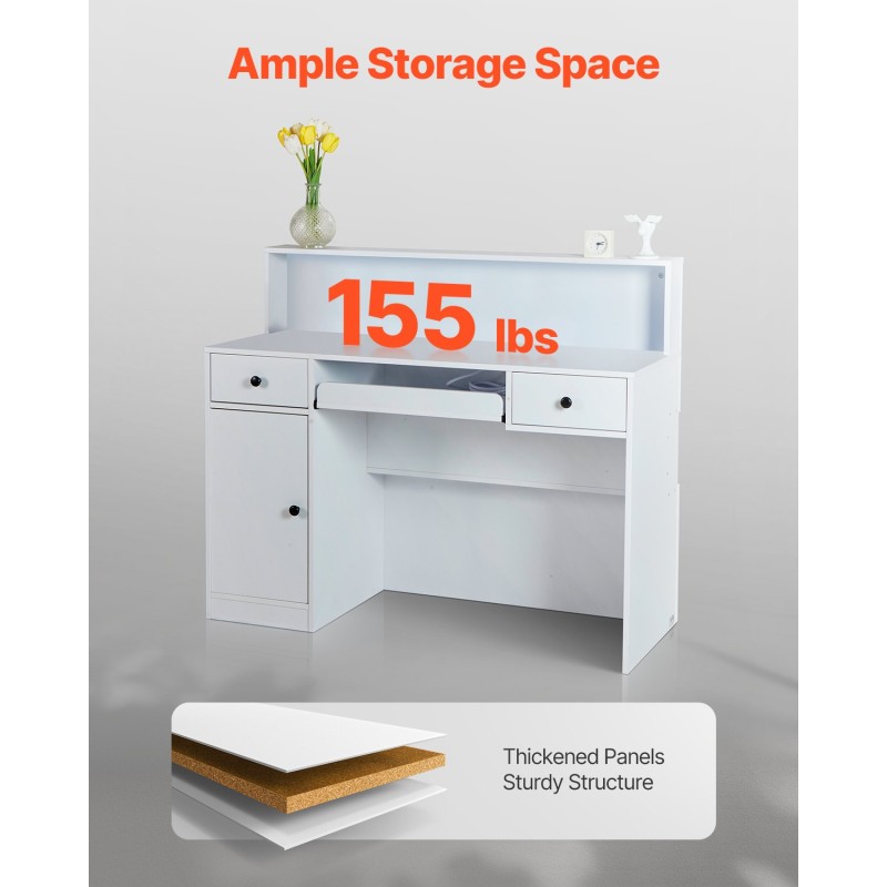 Reception Desk VEVOR, 47,24 x 18,7 x 39,37 σε ορθογώνιο μπροστινό τραπέζι, Γραφείο ρεσεψιόν με φως LED, 2 συρτάρια και πρίζες, για ταμείο, λόμπι, σαλόνι ομορφιάς και γραφείο, λευκό