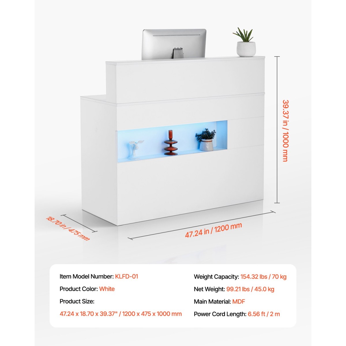 Reception Desk VEVOR, 47,24 x 18,7 x 39,37 σε ορθογώνιο μπροστινό τραπέζι, Γραφείο ρεσεψιόν με φως LED, 2 συρτάρια και πρίζες, για ταμείο, λόμπι, σαλόνι ομορφιάς και γραφείο, λευκό