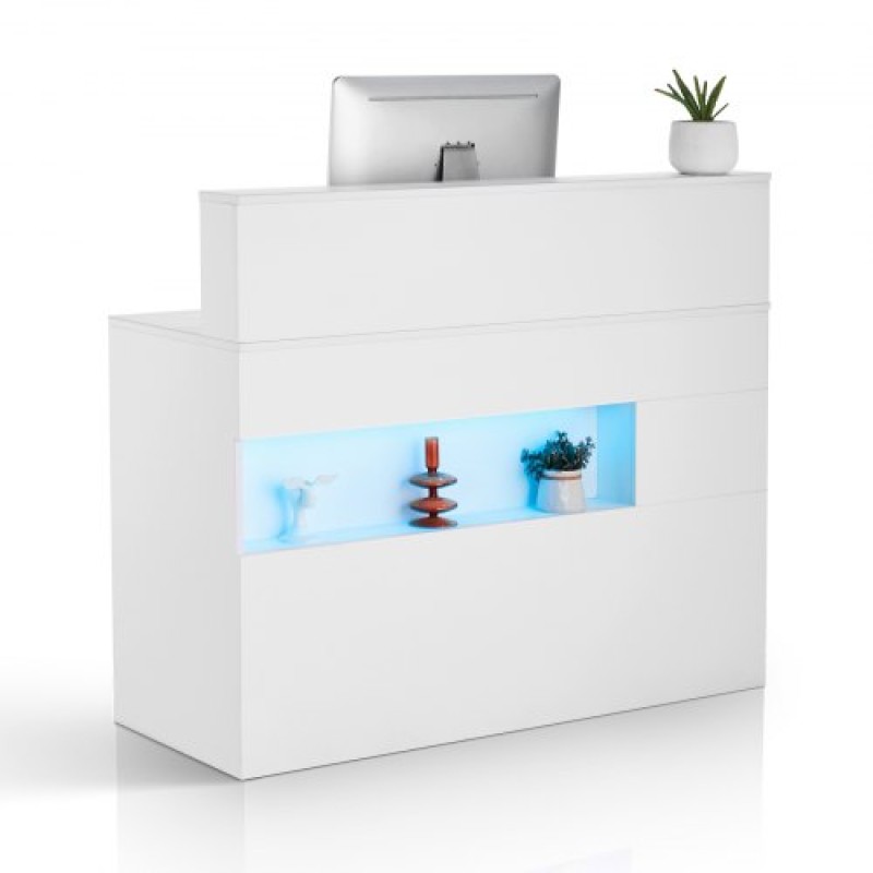 Reception Desk VEVOR, 47,24 x 18,7 x 39,37 σε ορθογώνιο μπροστινό τραπέζι, Γραφείο ρεσεψιόν με φως LED, 2 συρτάρια και πρίζες, για ταμείο, λόμπι, σαλόνι ομορφιάς και γραφείο, λευκό