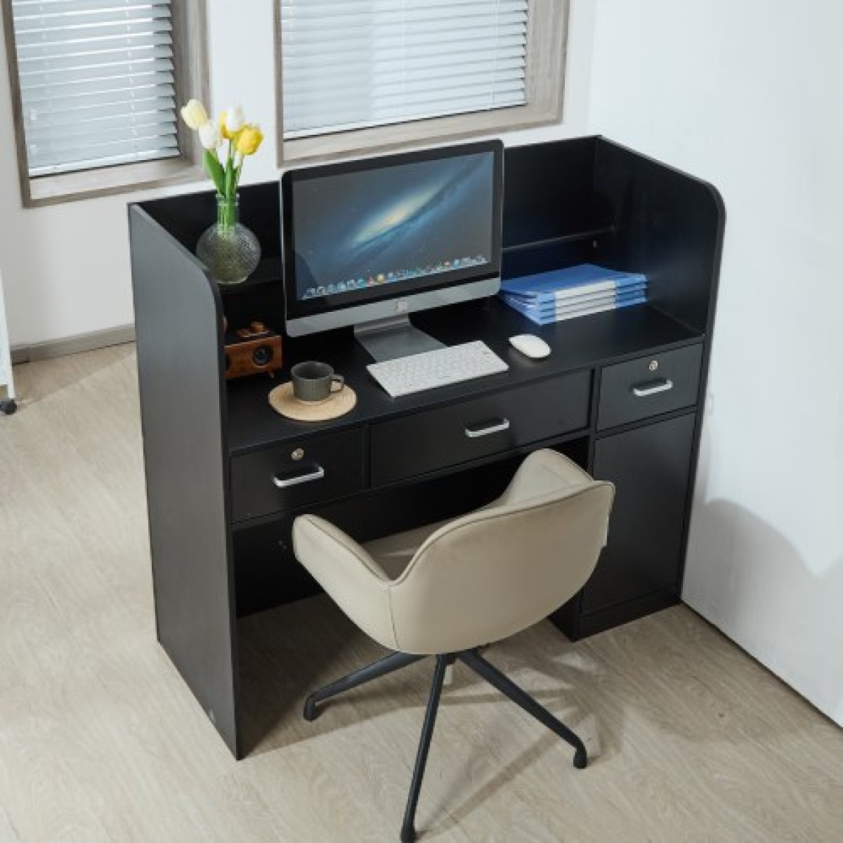 Γραφείο υποδοχής VEVOR, 47,24 x 18,9 x 39,37 σε ορθογώνιο μπροστινό τραπέζι πάγκου, πάγκος υποδοχής γραφείου με συρτάρι που κλειδώνει και ντουλάπι αποθήκευσης, για ταμείο, λόμπι, σαλόνι ομορφιάς και γραφείο, μαύρο