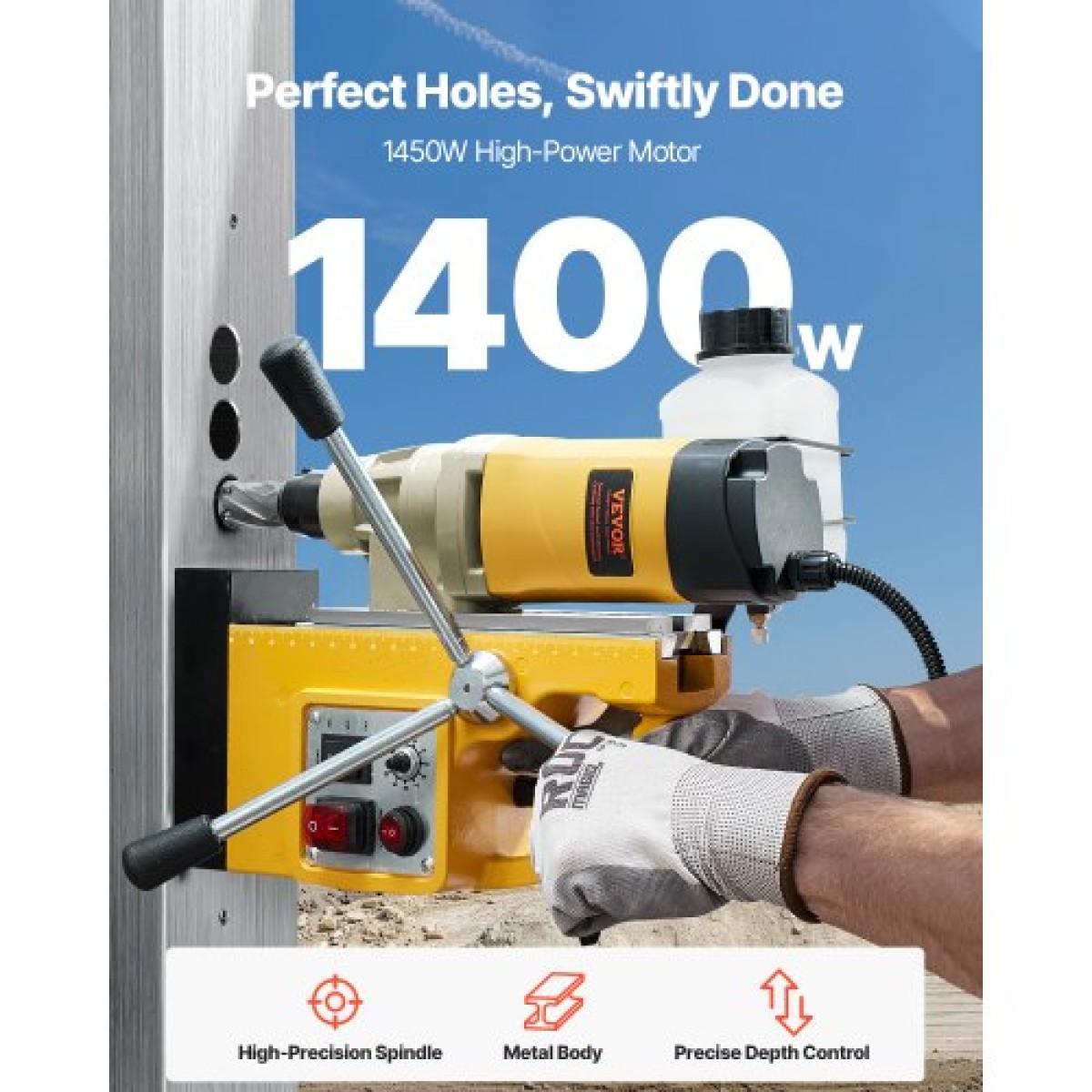VEVOR Magnetic Drill, 1400W Motor 2 in Boring Diameter, 2878 lbf Electric Mag Drill Press, with 6 Coring Bits, Variable Speed, Drilling Machine for Metal Surface, Home Improvement Industry, Yellow
