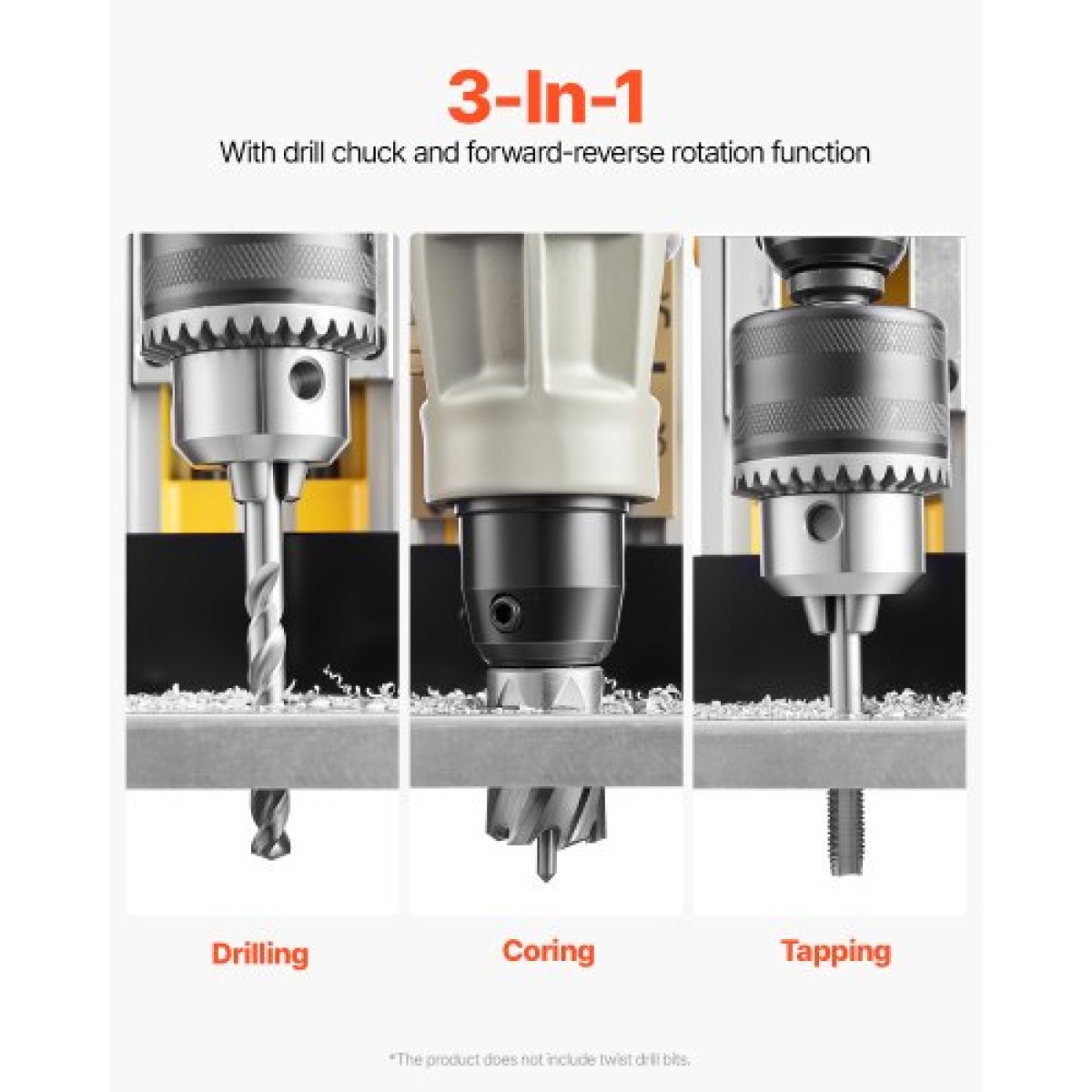 VEVOR Magnetic Drill, 1400W Motor 2 in Boring Diameter, 2878 lbf Electric Mag Drill Press, with 6 Coring Bits, Variable Speed, Drilling Machine for Metal Surface, Home Improvement Industry, Yellow
