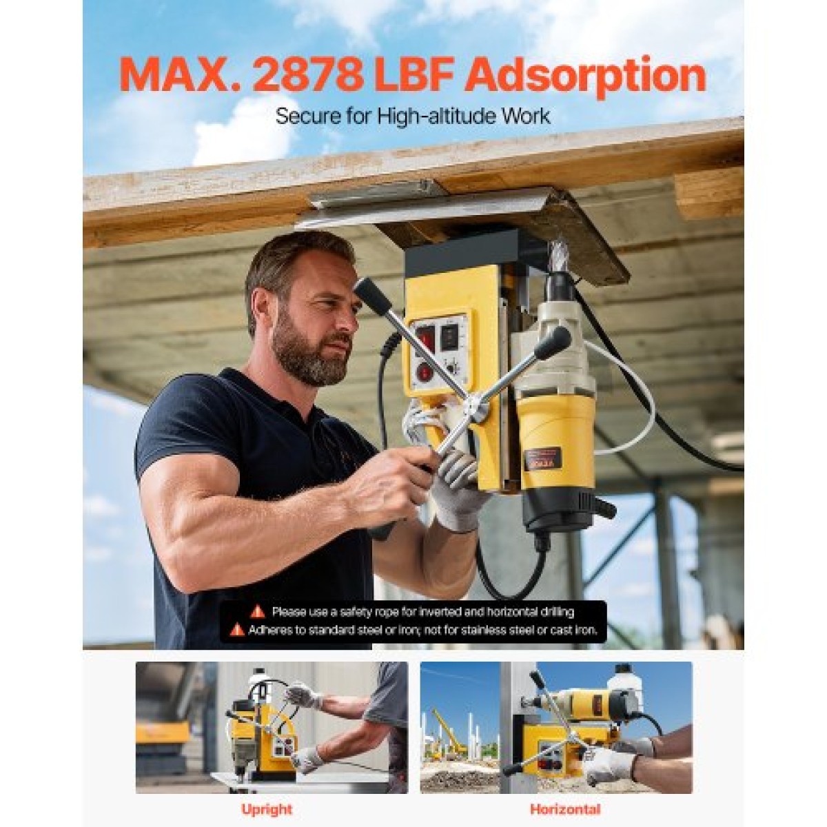 VEVOR Magnetic Drill, 1400W Motor 2 in Boring Diameter, 2878 lbf Electric Mag Drill Press, with 6 Coring Bits, Variable Speed, Drilling Machine for Metal Surface, Home Improvement Industry, Yellow