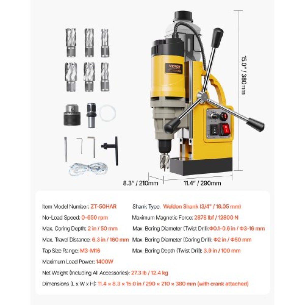 VEVOR Magnetic Drill, 1400W Motor 2 in Boring Diameter, 2878 lbf Electric Mag Drill Press, with 6 Coring Bits, Variable Speed, Drilling Machine for Metal Surface, Home Improvement Industry, Yellow