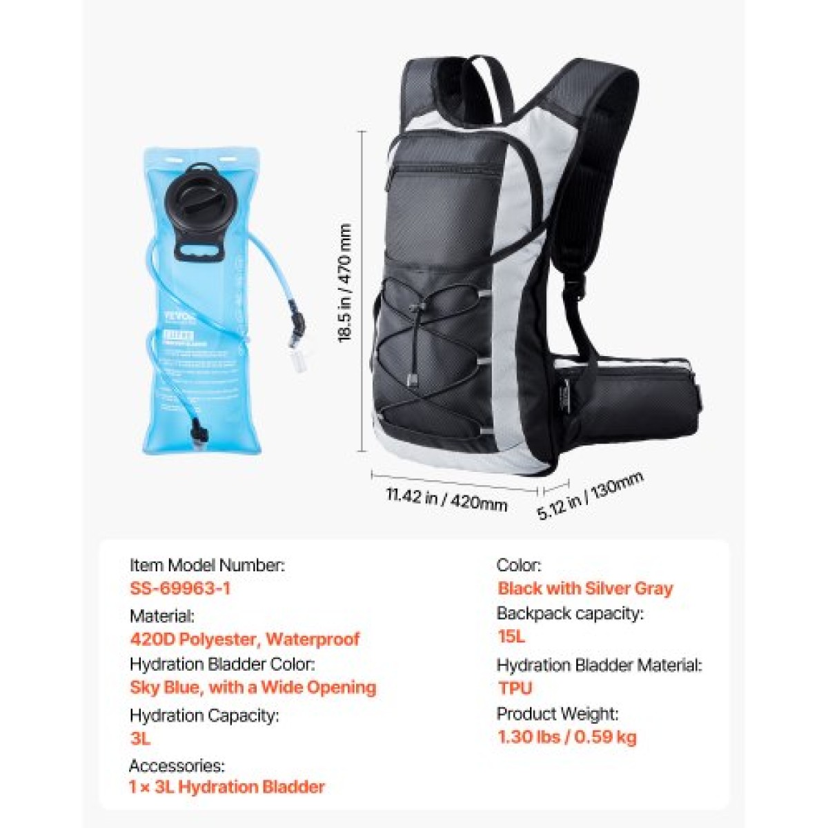 Σακίδιο πλάτης VEVOR Hydration, 15L Insulated Hydration Pack Σακίδιο πλάτης με 3L TPU Water Bladder, Hiking Water Backpack with Storage for Men Women, Hydro Water Daypack for Hiking Runnin Hiking Cycling Camping