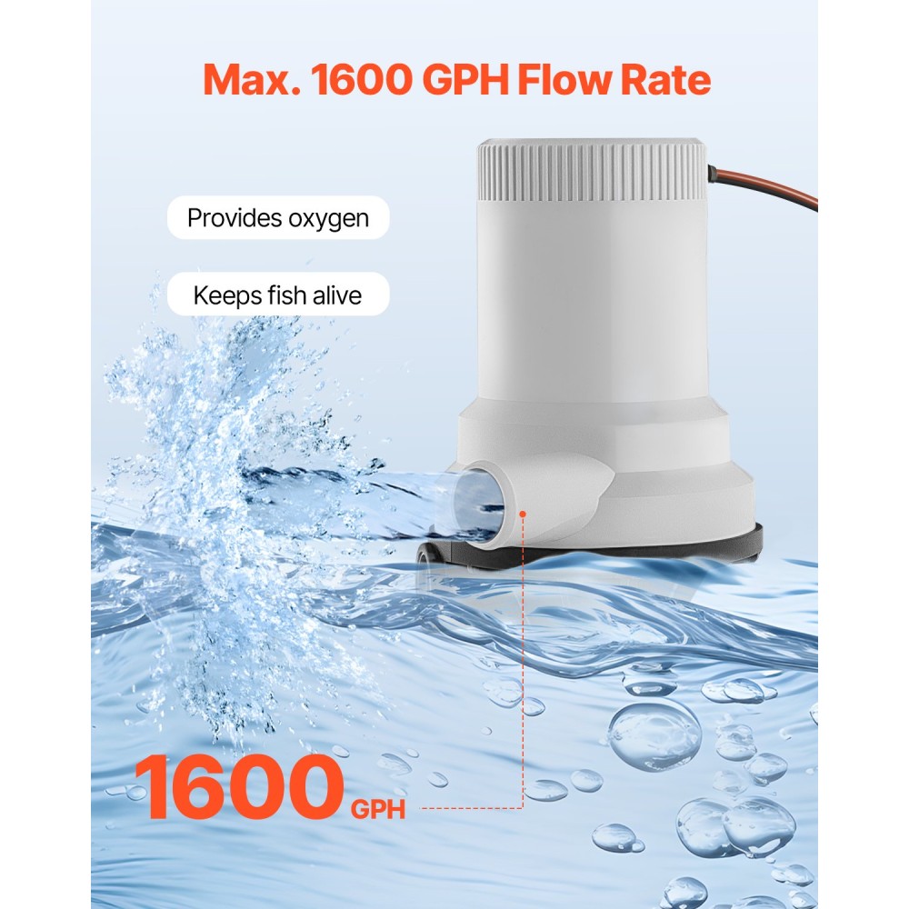 Αντλία VEVOR Livewell για σκάφος, 12V 101 L/min (1600 GPH) Αντλία αερισμού Livewell με διπλή είσοδο, περίβλημα ABA & αποσπώμενο φυσίγγιο κινητήρα, Αντλία Livewell/Baitwell ανθεκτικό στη διάβρωση για αλμυρό νερό γλυκού νερού