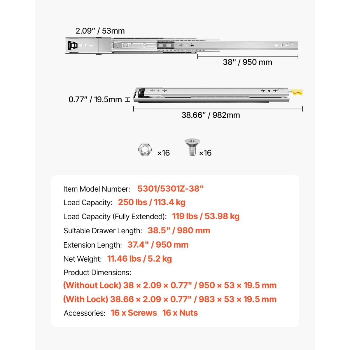 VEVOR 1 Pair Full Extension Slides συρταριών 16 18 20 24 30 35 37.4 59 24 32 36 40 48 60 in, 250 lbs Load Capacity Locking Slides συρταριών, ρουλεμάν με πλευρική βάση κλειδαριάς Drlideil
