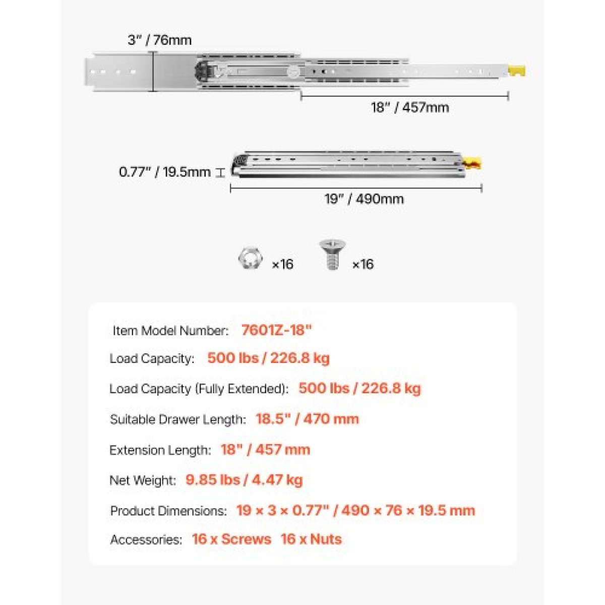VEVOR 1 Pair Full Extension Slides συρταριών 18 20 22 28 30 32 36 38 40 44 48 52 56 60 in, 500 lbs Χωρητικότητα φορτίου Κλείδωμα συρταριών συρταριών, ρουλεμάν με πλευρική βάση κλειδαριάς Drail