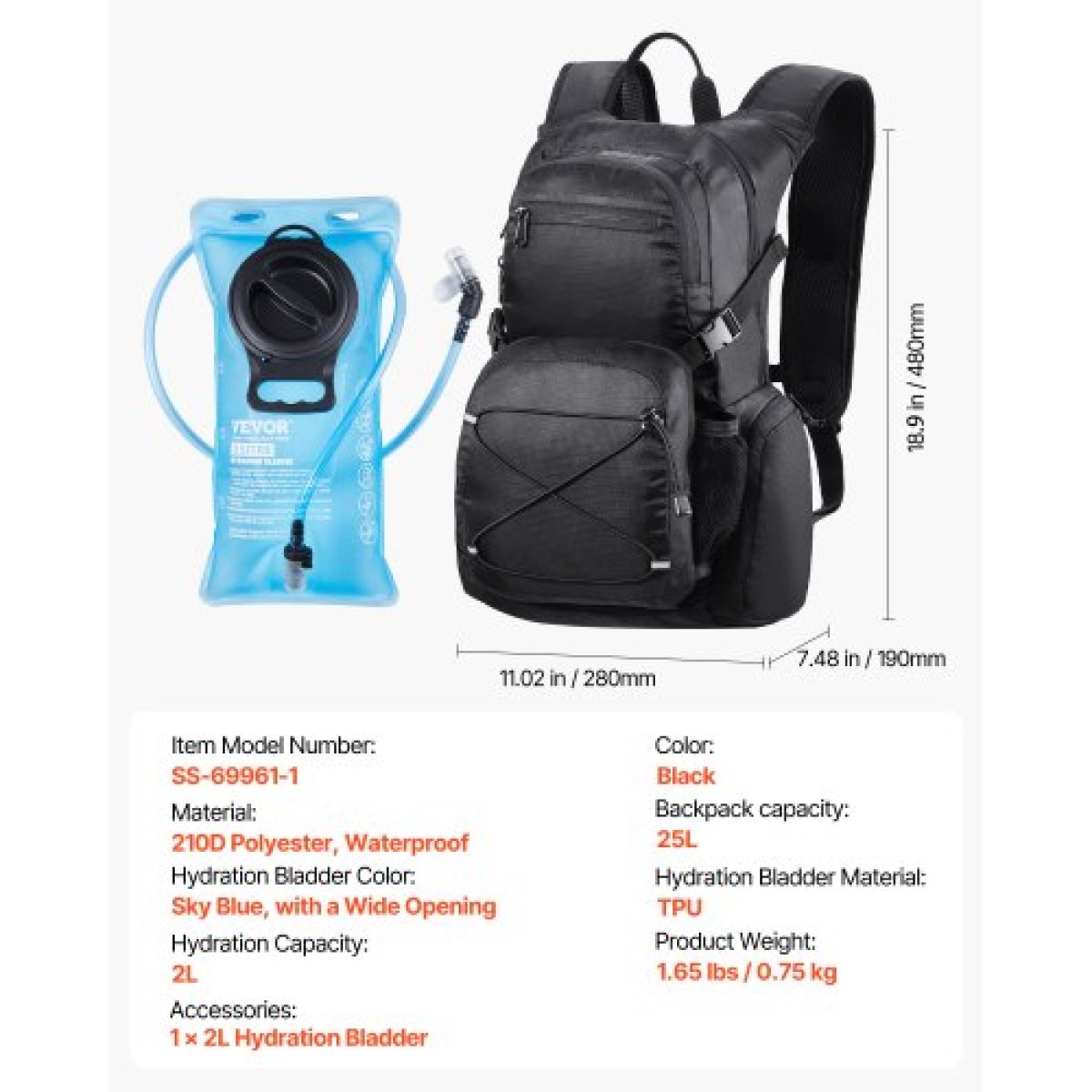 Σακίδιο πλάτης VEVOR Hydration, 25L Insulated Hydration Pack Σακίδιο πλάτης με 2L TPU Water Bladder, Hiking Water Backpack with Storage για άνδρες Γυναίκες, Hydro Water Daypack για Πεζοπορία Running Ποδηλασία Κάμπινγκ