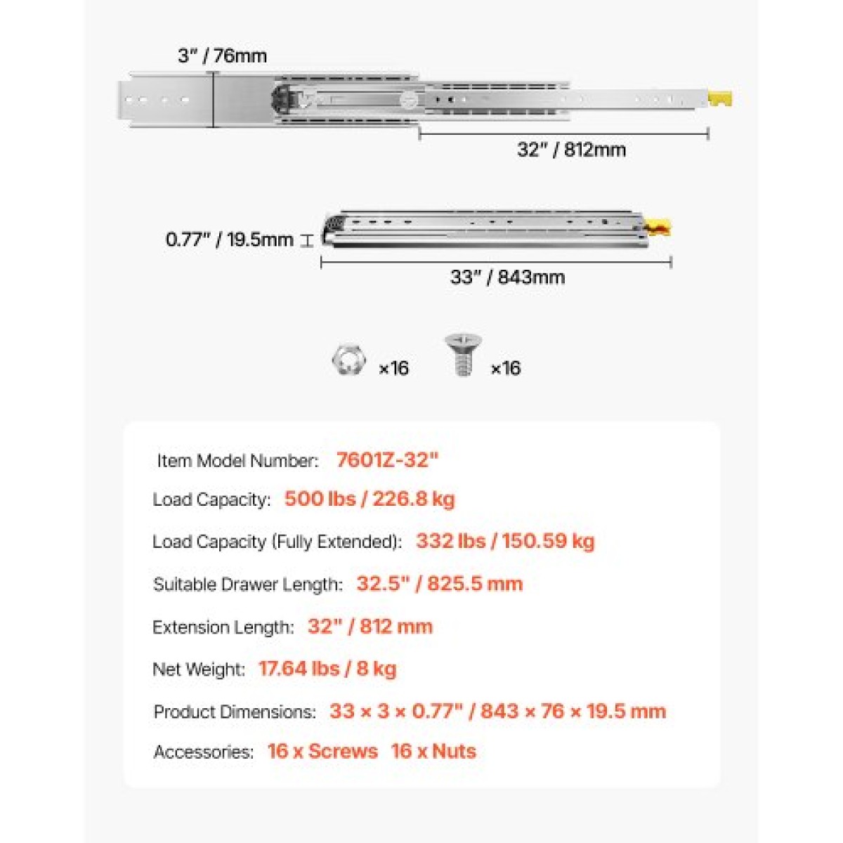 VEVOR 1 Pair Full Extension Slides συρταριών 18 20 22 28 30 32 36 38 40 44 48 52 56 60 in, 500 lbs Χωρητικότητα φορτίου Κλείδωμα συρταριών συρταριών, ρουλεμάν με πλευρική βάση κλειδαριάς Drail